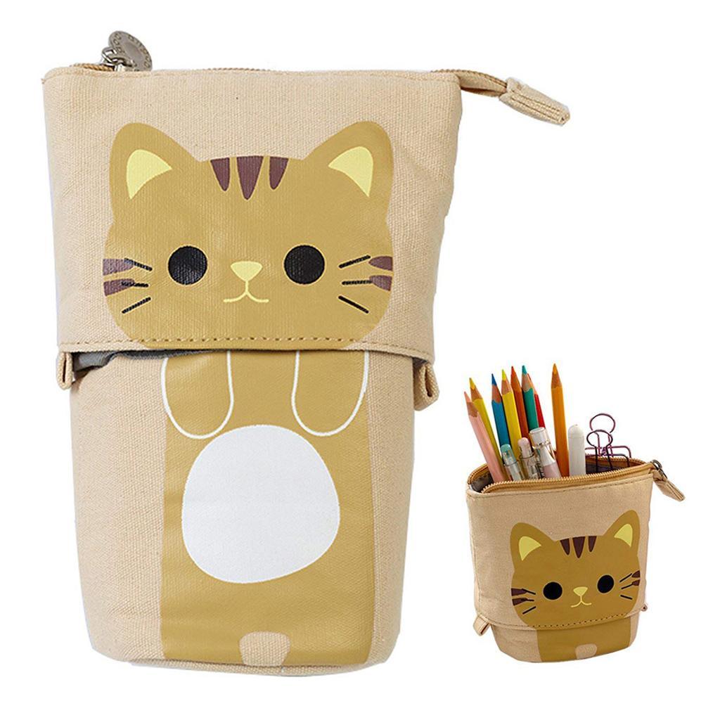 Telescopic Canvas Pen Storage Pencil Case Cosmetic Makeup Organizer Bag Brown