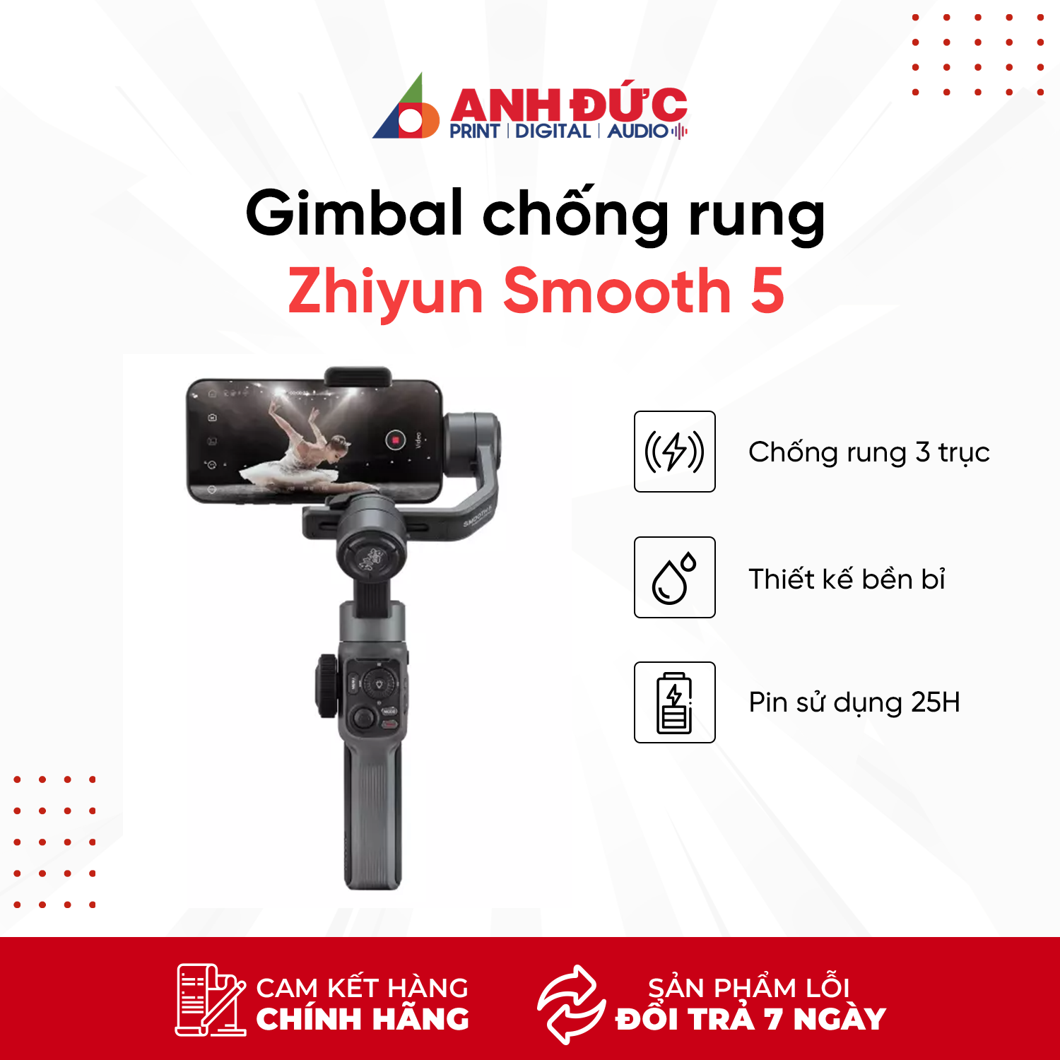 Tay cầm chống rung cho điện thoại Gimbal Zhiyun Smooth 5 - Hàng Chính Hãng