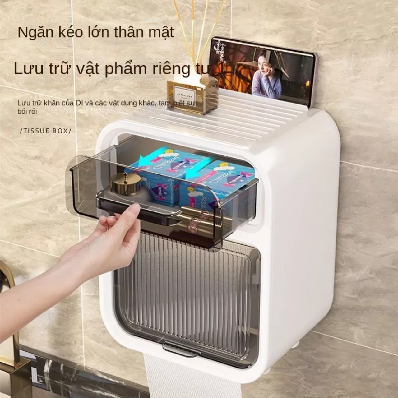 Hộp Đựng Giấy Vệ Sinh 2 Tầng Cao Cấp Hộp Đựng Giấy Vệ Sinh Dán Tường Có Kệ Để Điện Thoại - Hàng Chính Hãng MINIIN