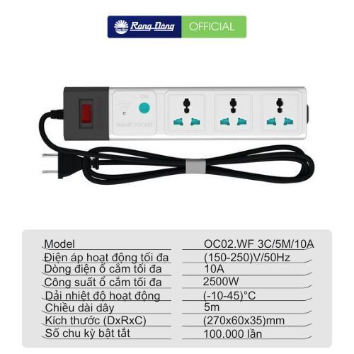 Ổ cắm thông minh wifi Rạng Đông Hẹn giờ qua smartphone An toàn khi sử dụng OC02.WF 3C/5M/10A