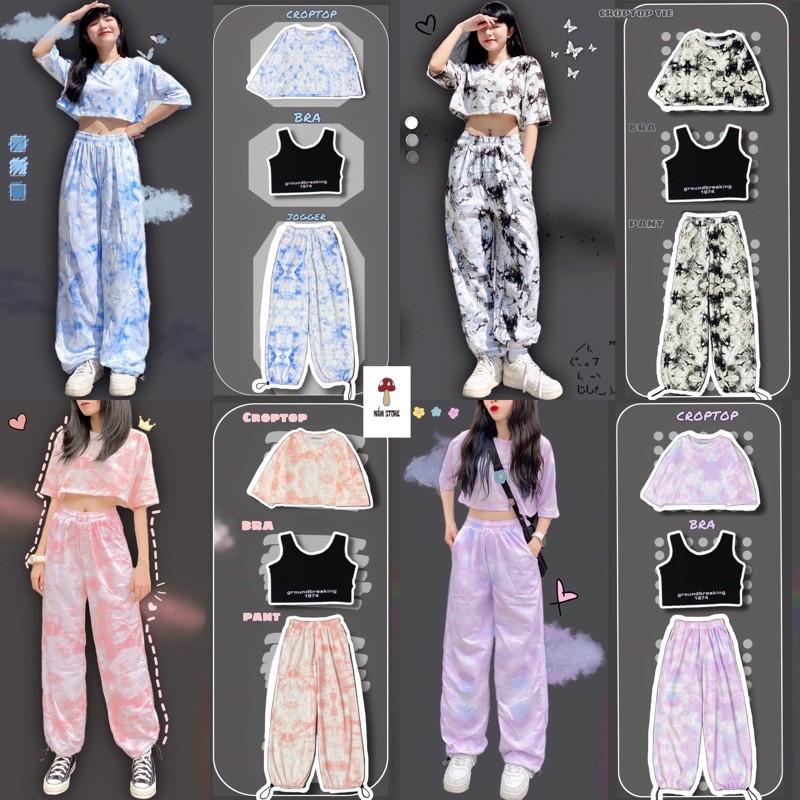 Set áo croptop loang màu + bra đen + quần jogger dài loang màu ống rộng dây rút - Set bộ thể thao 3 món