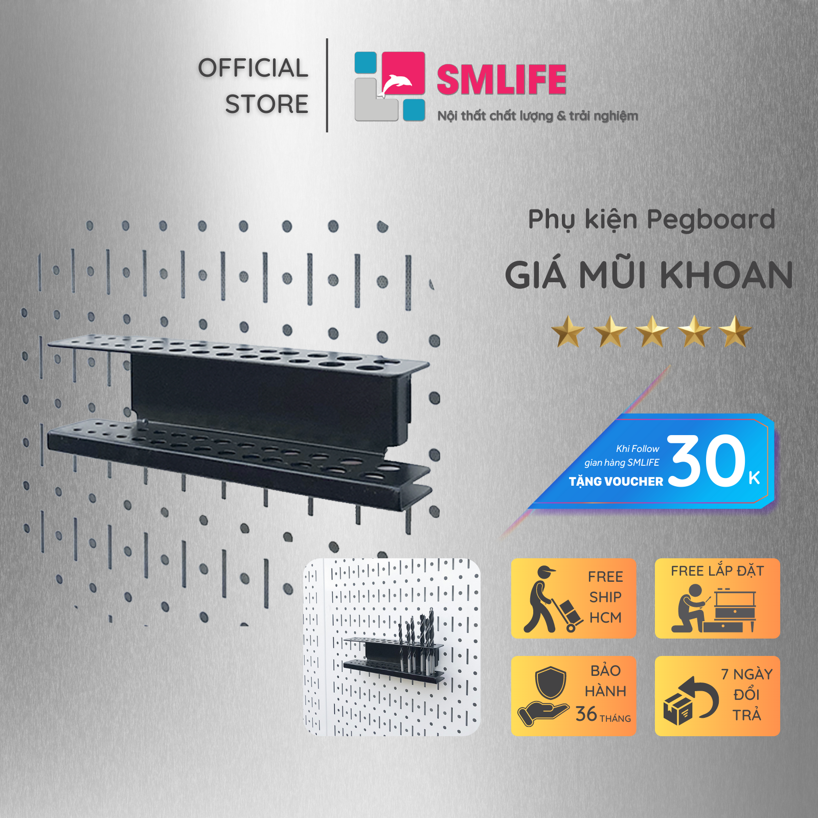 Giá treo mũi khoan Pegboard bằng thép sơn tĩnh điện - Phụ kiện cho bảng treo dụng cụ cơ khí