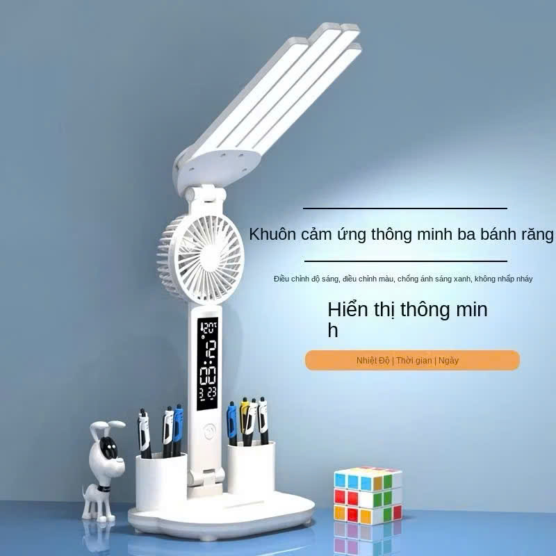 Đèn Để Học 4 Cánh LED Pin Trâu 10.000mjAh – Chống Cận Bảo Vệ Mắt, Có Quạjt Mát &amp; Đồng Hồ Độc Đáo Loại Xịn