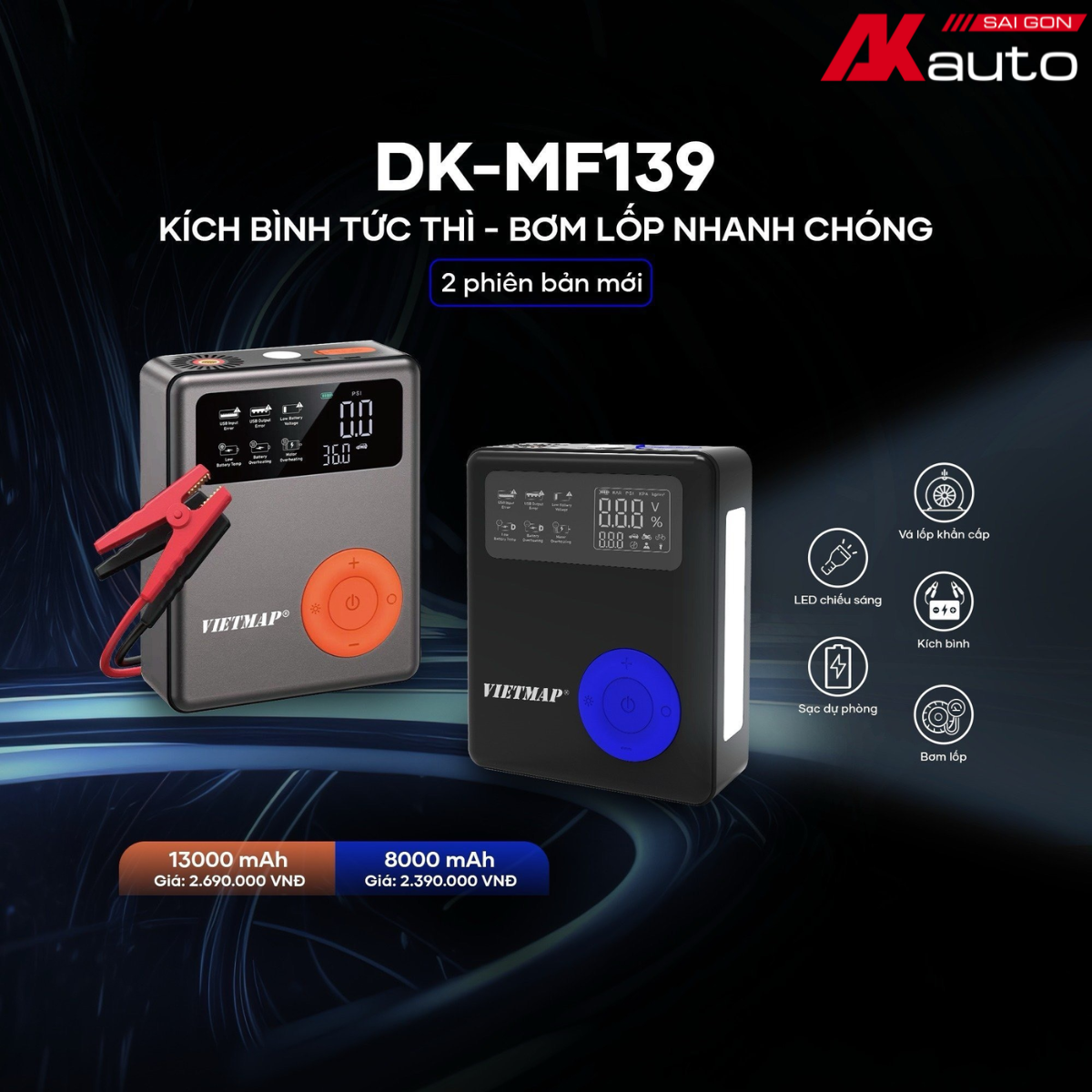 [HÀNG CHÍNH HÃNG] Kích Bình Ắc Quy &amp; Bơm Lốp Vietmap DK-MF139 - Tích hợp đa năng 4 trong 1