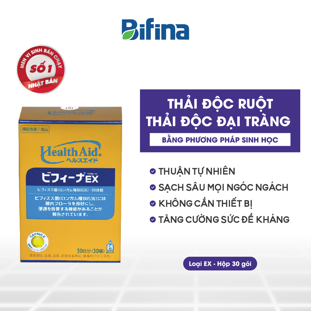 Men vi sinh Bifina Nhật bản - Nhuận tràng, Detox, làm sạch ruột,không dùng cafe - Loại EX Hộp 30 gói