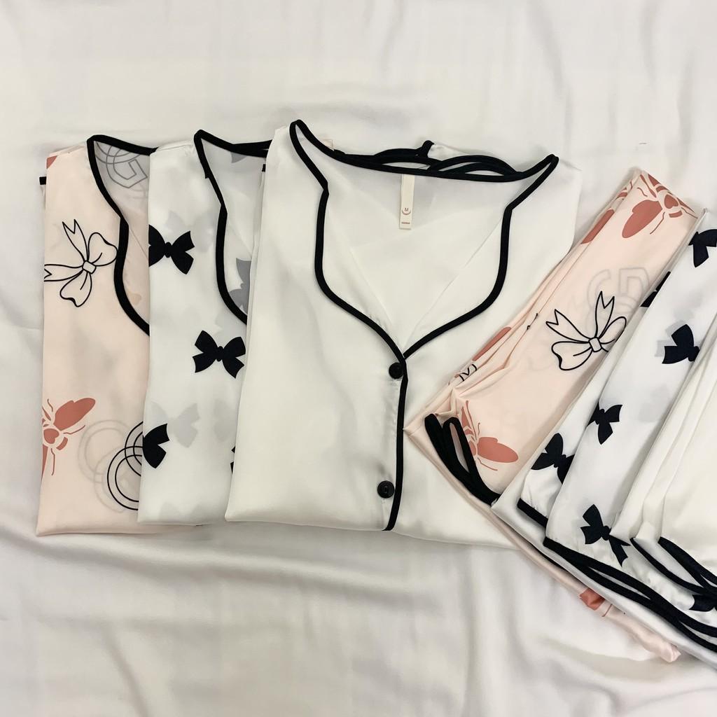 Pijama- Đồ Bộ Ngủ Cộc Vải Lụa Cao Cấp Viền Đen Họa Tiết CCLP10