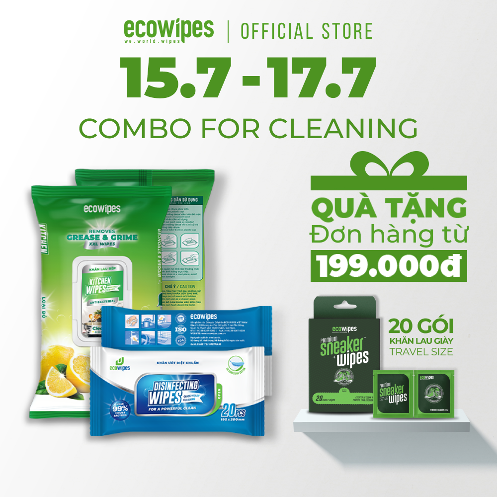 Combo For Cleaning gồm khăn ướt diệt khuẩn 20 tờ và khăn ướt lau bếp 42 tờ EcoWipes