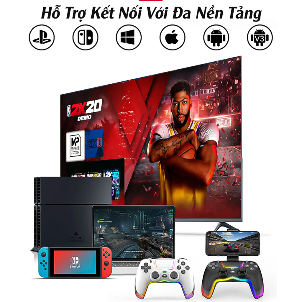 Tay cầm chơi game Vinetteam P07 LED RGB siêu rung - Kết Nối Bluetooth và Dây TypeC - Hỗ Trợ PC/Laptop/Smart Phone, Tay Cầm Chơi Game FO4 Đa Năng - hàng chính hãng