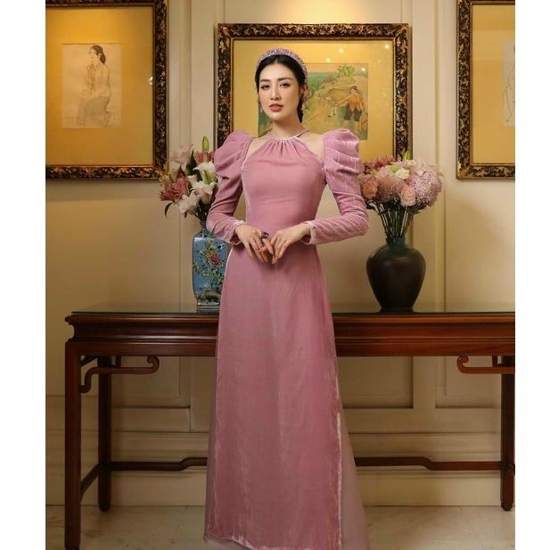Áo Dài cách tân vải Nhung Tay Bồng Cổ Yếm Cho Các Nàng