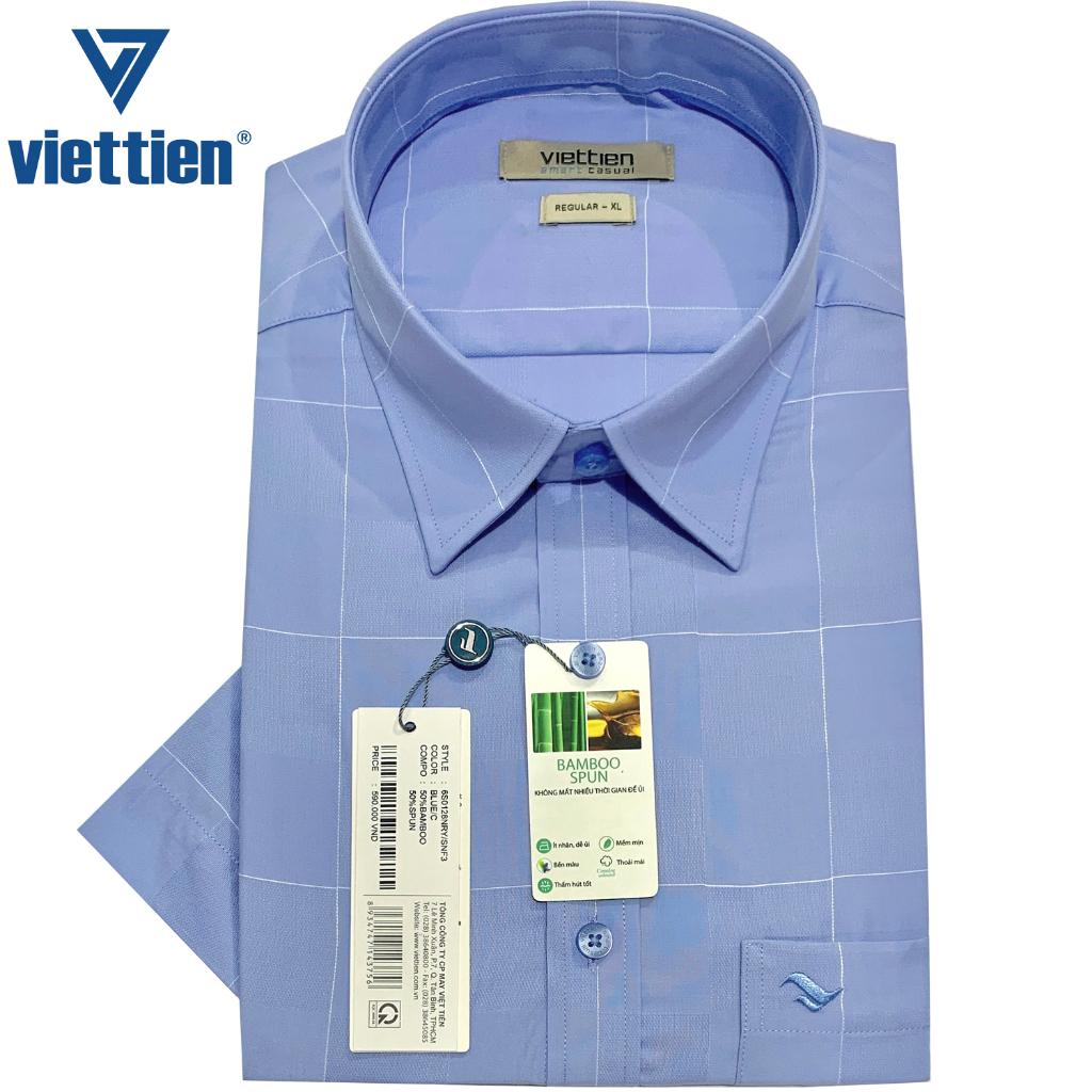 Việt Tiến - Áo sơ mi nam ngắn tay xẻ tà lai ngang Bamboo Regular ca rô Xanh 6S0128