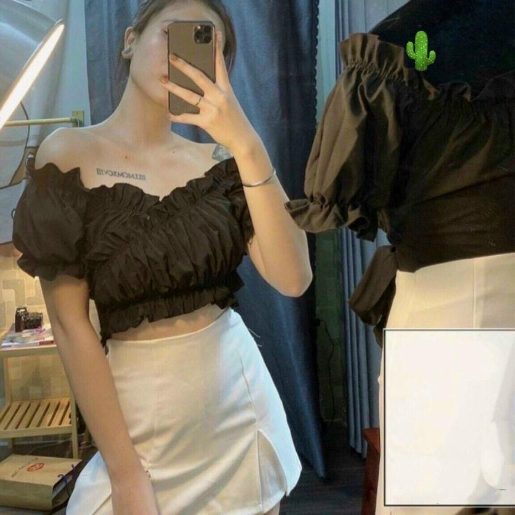 Áo kiểu croptop nữ đẹp ôm body tay ngắn cổ V thắt nơ phong cách hàn quốc cực dễ thương mẫu mới thời trang 2021-A19
