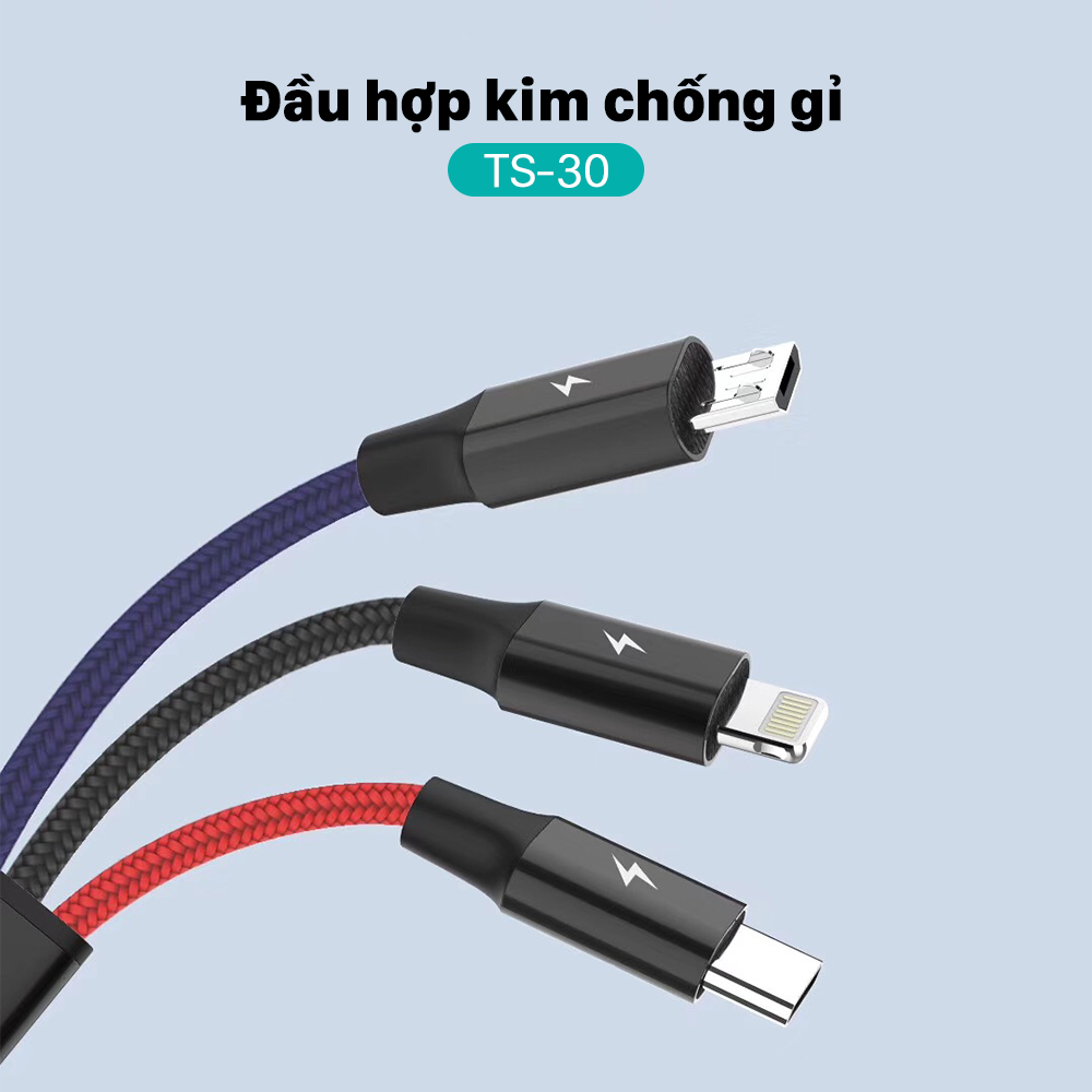 Dây sạc 3 đầu JUYUPU TS30 sạc nhanh 3A cáp sạc bọc dù cao cấp sạc điện thoại iPhone Samsung OPPO Vivo HUAWEI XIAOMi - HÀNG CHÍNH HÃNG