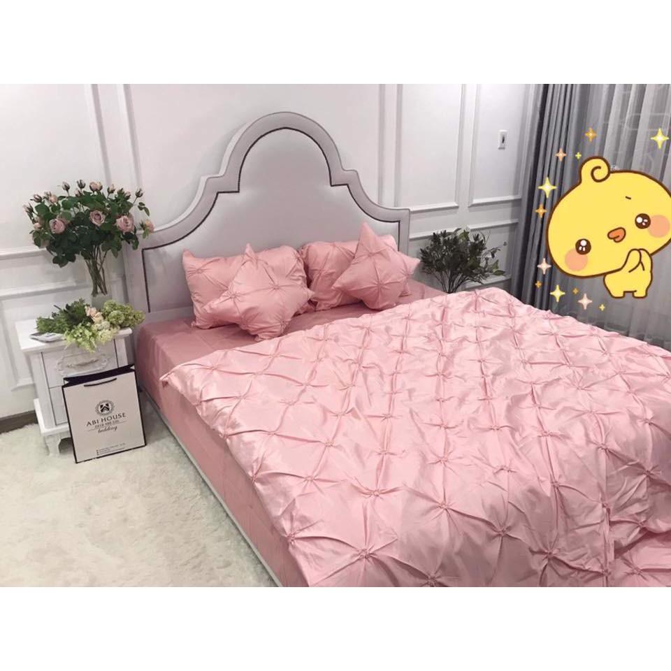 Bộ Chăn Trần Bông Ga Gối Phi Lụa 5 Món Cao Cấp Lan Bedding Màu Hồng Phấn