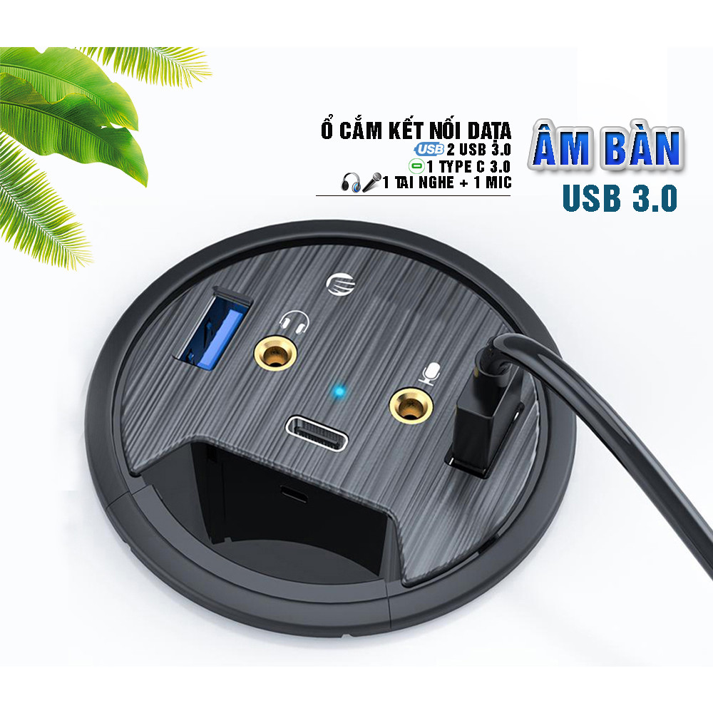 Ổ cắm gắn mặt âm bàn kết nối data gồm 2 USB 3.0, 1 Type C 3.0, 1 cổng tai nghe, 1 cổng Mic, Dan House DESK-2U1C, Tốc độ kết nối lên đến 5Gb/s, hàng chính hãng