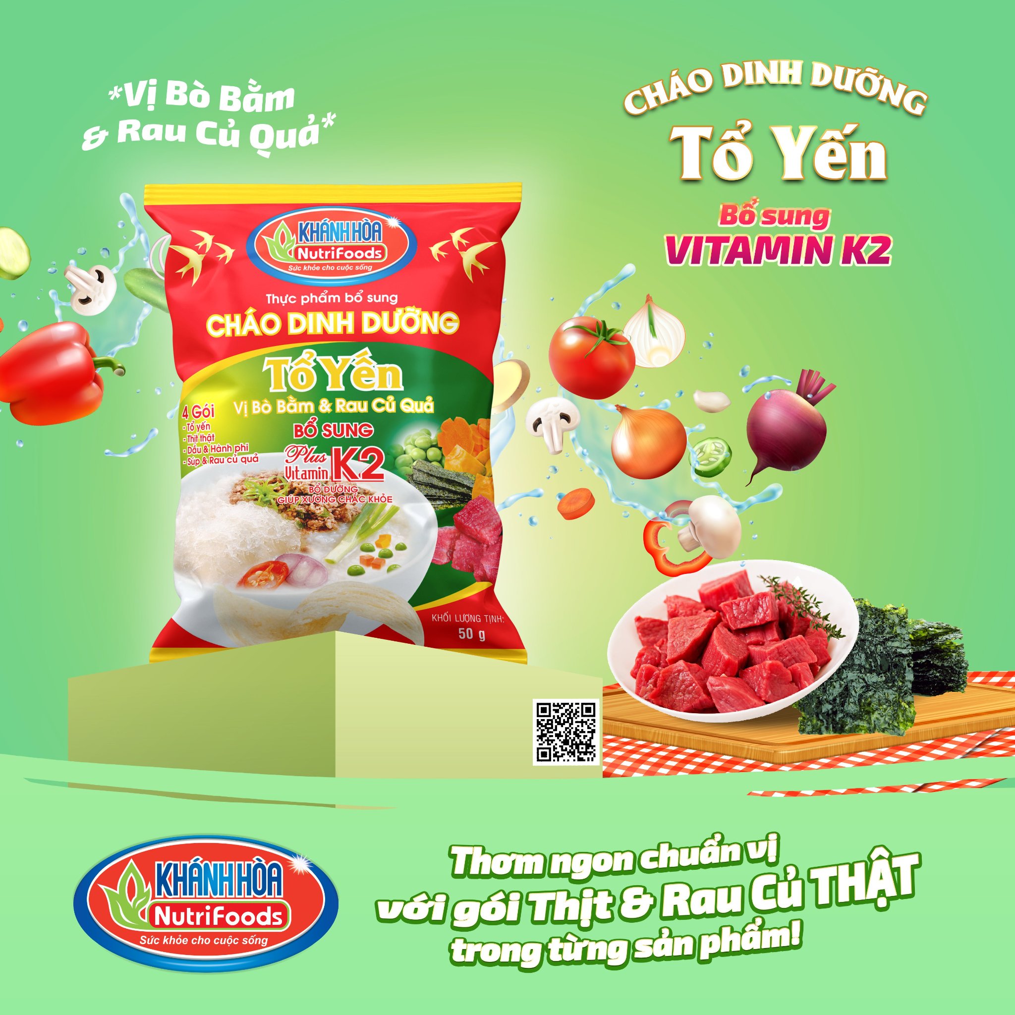 Cháo Dinh Dưỡng Tổ Yến Vị Thịt Bằm &amp; Rau Củ Bổ Sung Vitamin K2 - Khánh Hòa Nutrifoods - GÓI 50G/THÙNG 30 GÓI