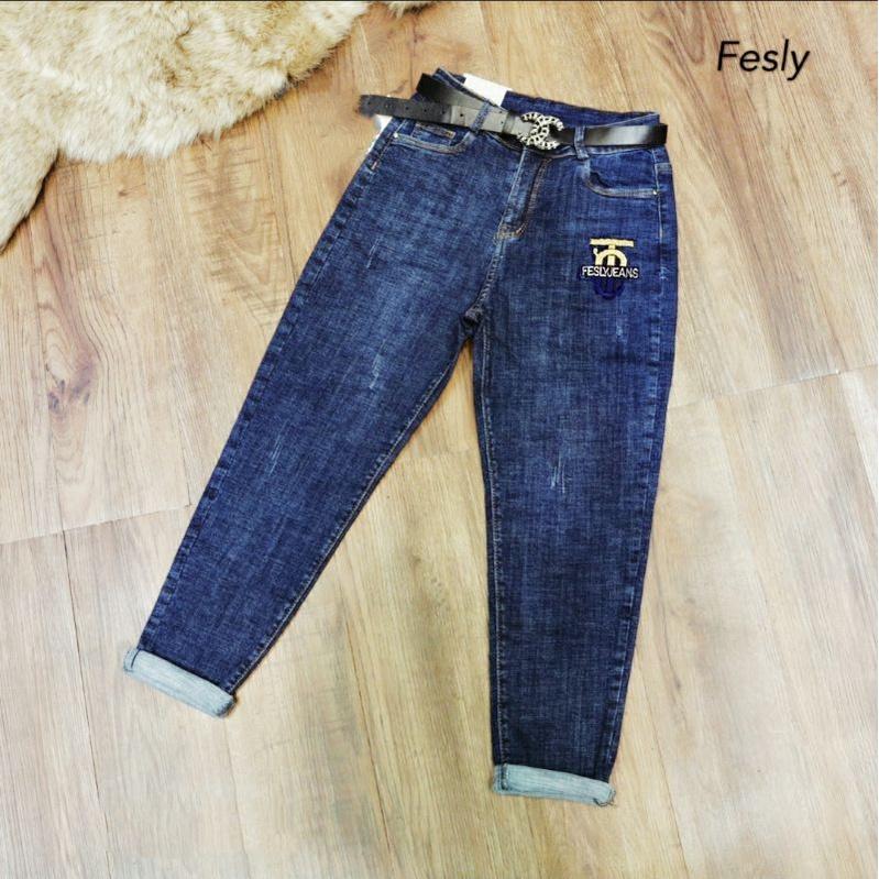 Quần Jeans Nữ Baggy Xanh Thêu Trang Trí Lưng Cao