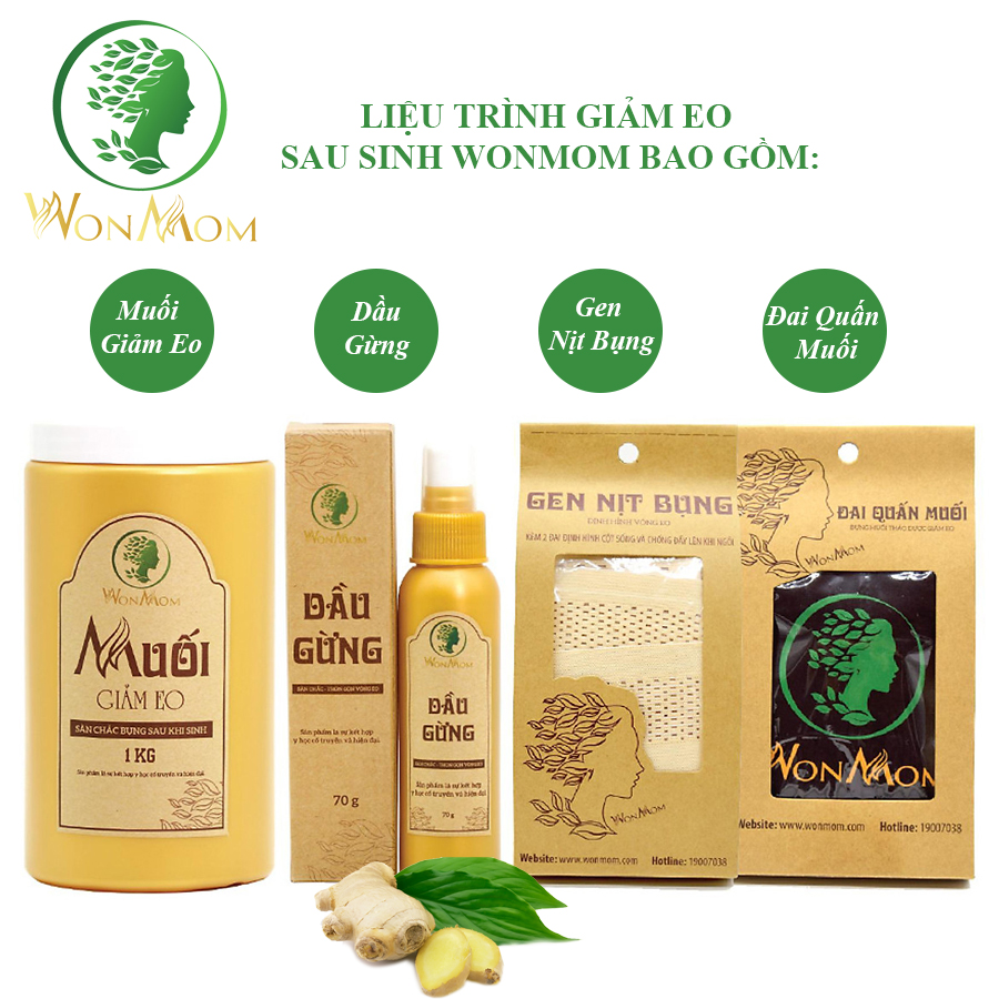Liệu trình giảm eo sau sinh Wonmom ( 1 Hộp muối quấn bụng + 1 Dầu gừng + 1 Đai quấn muối + 1 Gen nịt bụng )