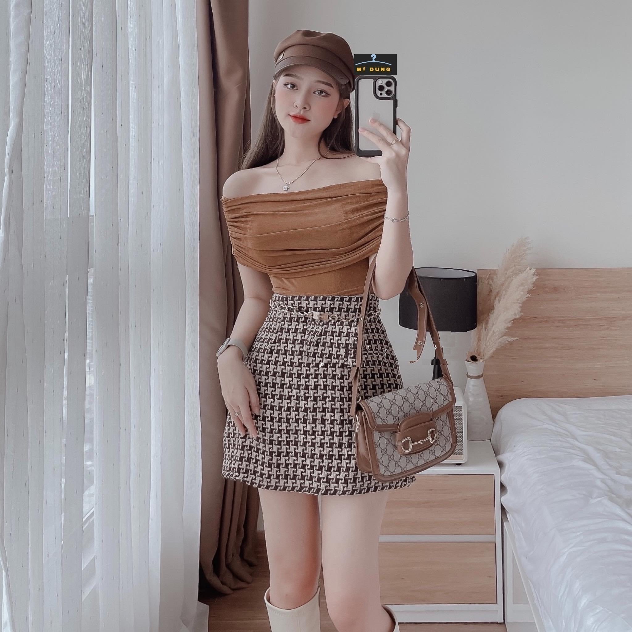 SET ÁO CORTOP TRỄ VAI+ CHÂN VÁY CHỮ A CARO BỐ SỢI, GỢI CẢM, NĂNG ĐỘNG MÀ CÒN SANG SANG TRẺ TRUNG NHOA CÁC NÀNG, HÀNG NHẬP