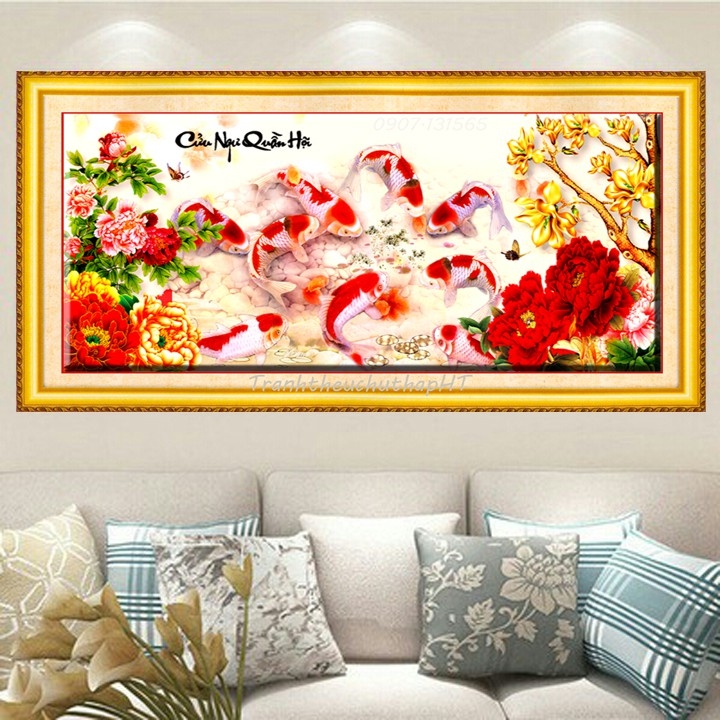 Tranh thêu chữ thập CỬU NGƯ QUẦN HỘI tự thêu