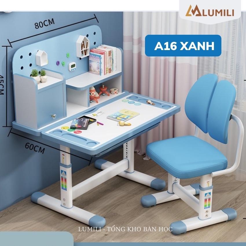 Bộ bàn học chống gù chống cận trẻ em thông minh ,bàn có giá sách nâng hạ độ cao size 80cm cho bé lumili A16 mới