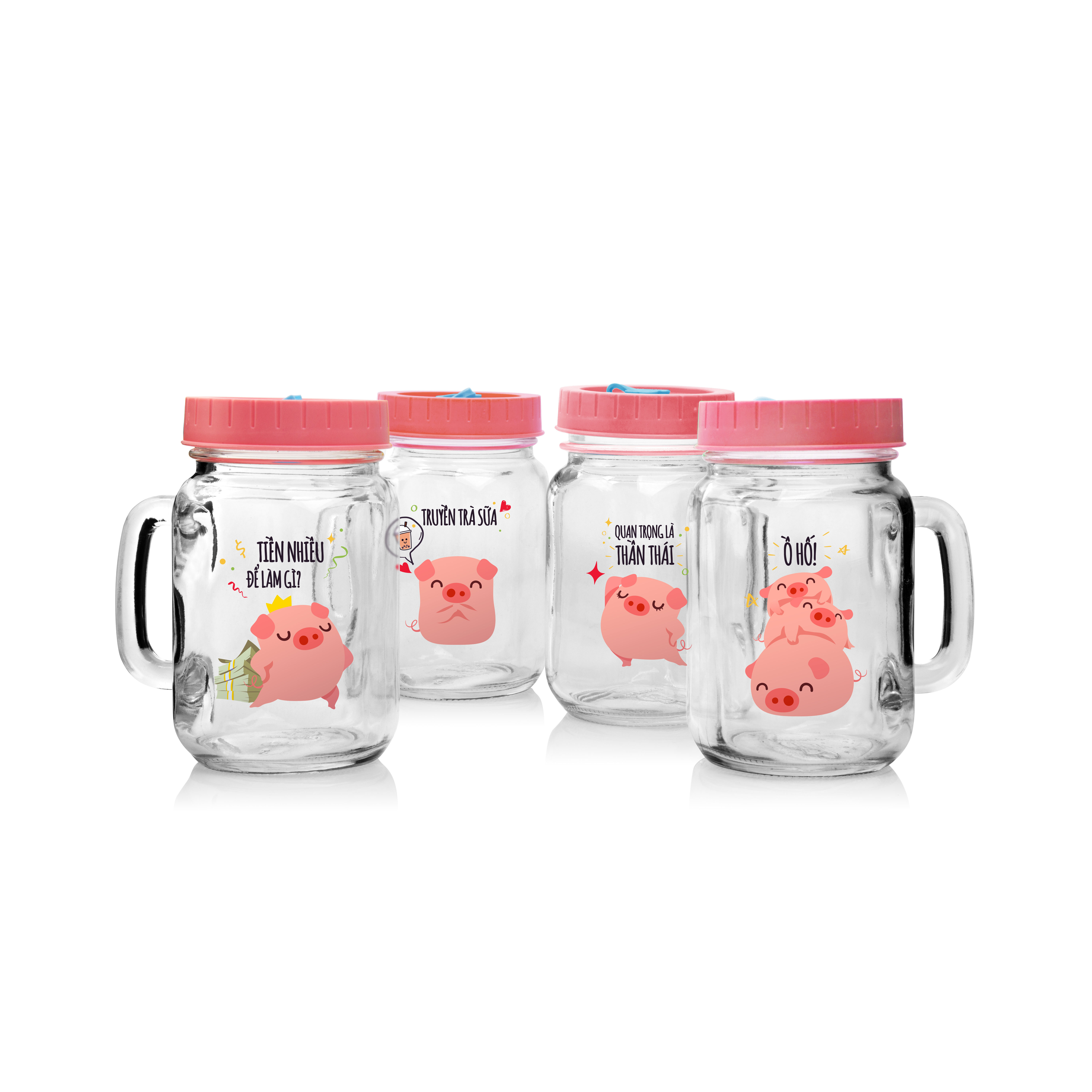 Combo 4 Ly Quai Thủy Tinh Trà Sữa In Hình Heo 450ML CAMDACO NẮP HỒNG