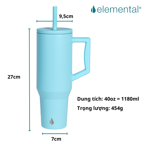 Ly giữ nhiệt Commuter Elemental 1180ml màu xanh lam thép không gỉ có tay cầm combo ống hút trân châu