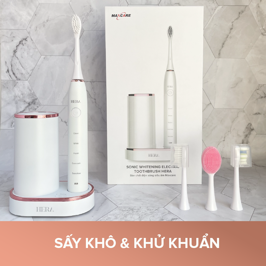 Bàn chải điện MAXCARE Hera Whitening diệt khuẩn sấy khô UVC tự động tặng kèm bộ bàn chải và túi du lịch