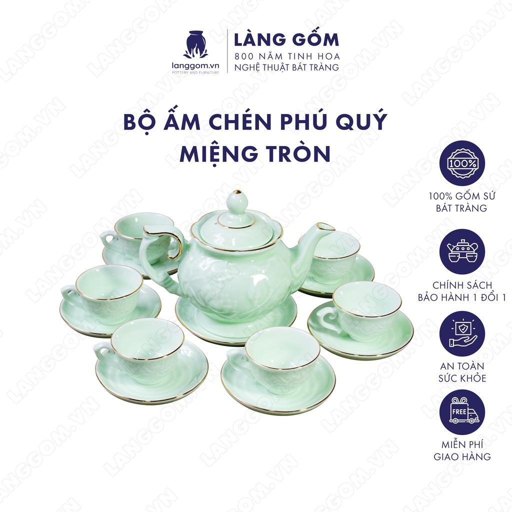 Bộ ấm chén phú quý men xanh miệng tròn - Gốm sứ Bát Tràng - LÀNG GỐM