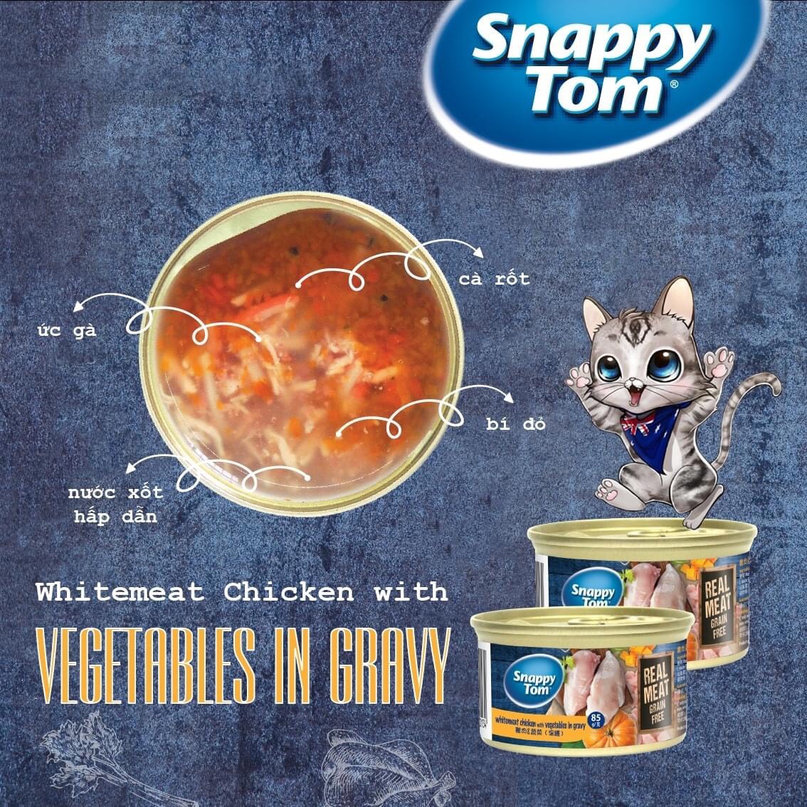 Pate Snappy Tom Premium 85g Cho Mèo Mọi Lứa Tuổi -Real Meat Grain Free Thùng 24 lon Mix Vị