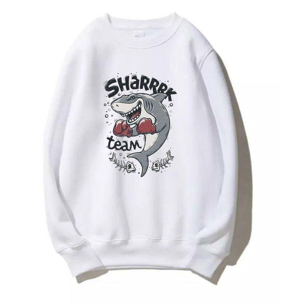 ÁO SWEATER CỔ TRÒN DÀI TAY NAM NỮ MÀU TRẮNG CHẤT VẢI NỈ POLY HÀNG FREESIZE 1 CỠ FORM DÁNG RỘNG DƯỚI 65KG (CÁ MẬP SHARK)