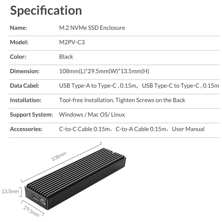 Box M.2 PCIe NVMe USB3.1 type-C tản nhiệt nhôm cao cấp M2PV-C3 - BX48