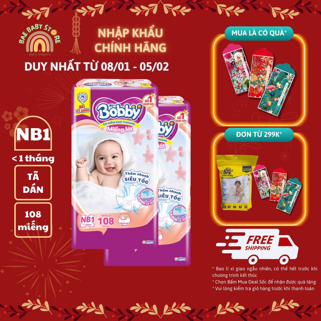 Combo 2 - Miếng lót Bobby size Newborn 1 - 108 miếng