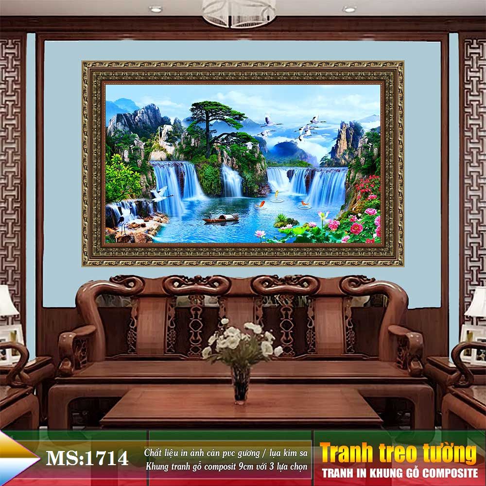 Tranh treo tường phòng khách, phòng ngủ SƠN THỦY HỮU TÌNH khung gỗ composit chất liệu pvc gương / lụa kim sa. MS:1714L9