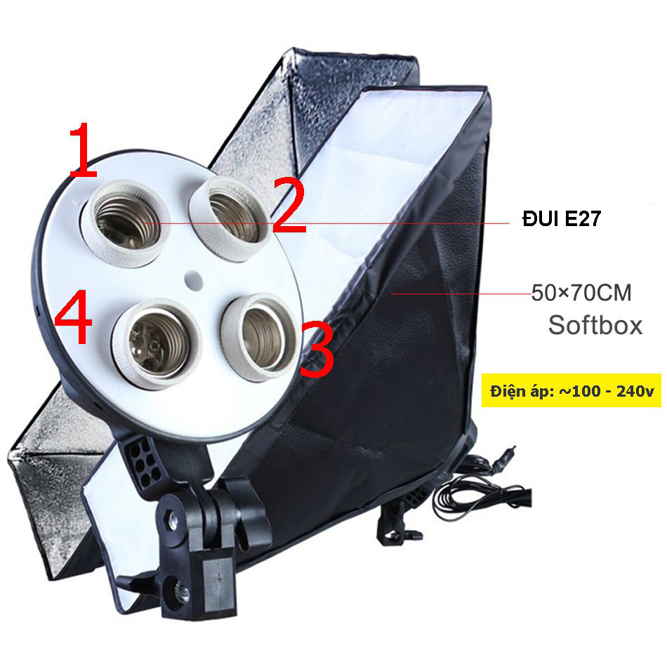 Bộ Đèn Studio, Đèn Chụp Ảnh Sản Phẩm Chân Đèn 2m Kèm Softbox 50x70 Hỗ Trợ Sáng, Đui 4 Bóng