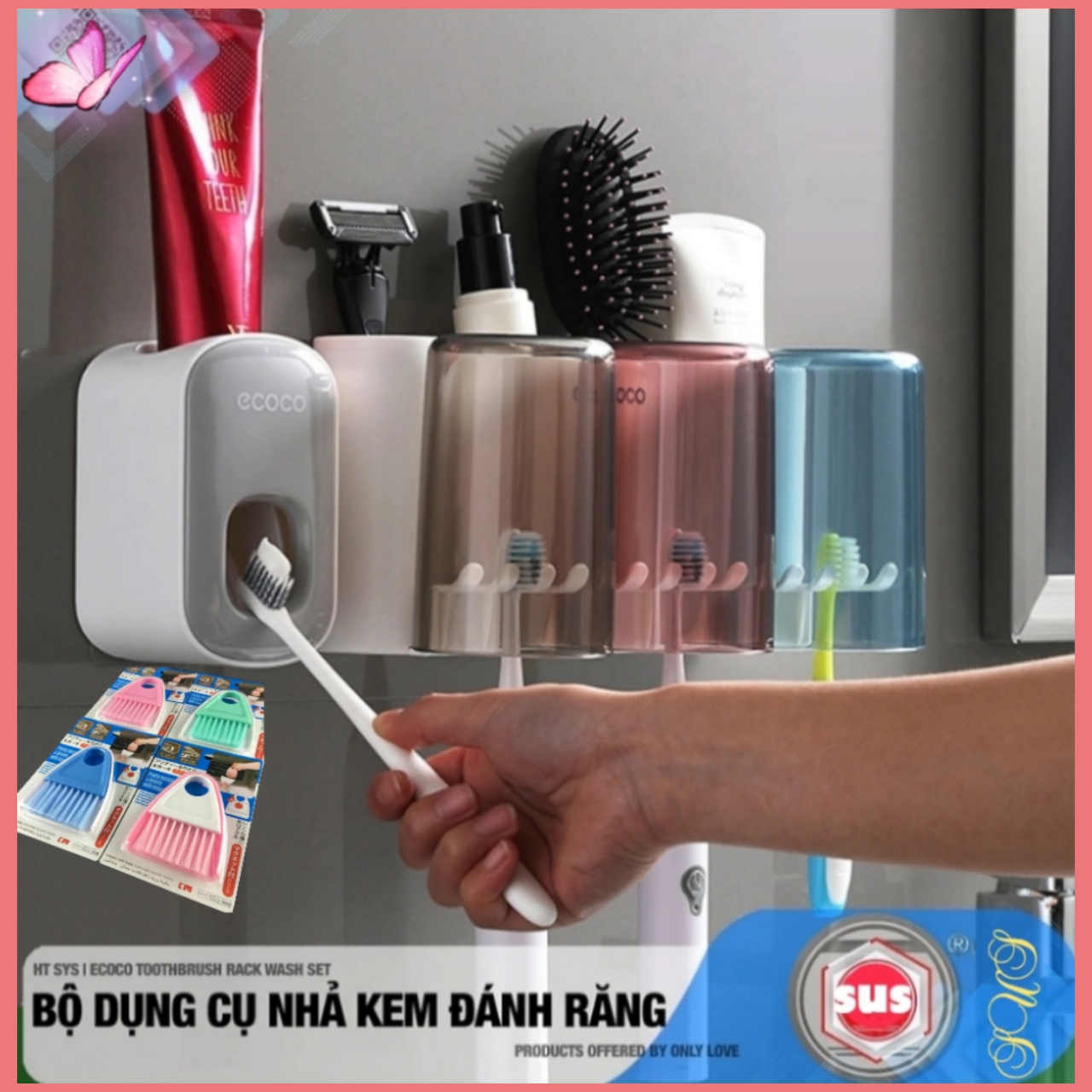 Bộ dụng cụ nhả kem đánh răng tự động 03 cốc và giá treo bàn chải đa năng PHT SUS-ECOCO-E1922-chất liệu ABS cao cấp