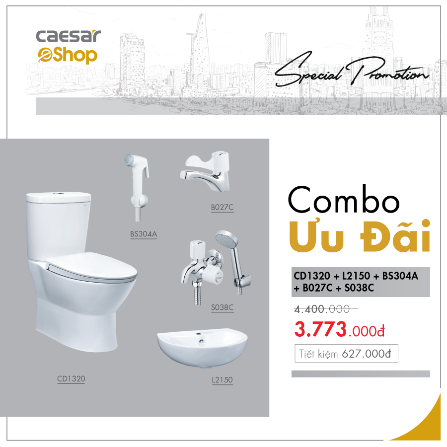 Combo sản phẩm bàn cầu+lavabo+vòi lavabo lạnh+sen tắm lạnh+vòi xịt - CD1320+L2150+B270C+S380C+BS304A