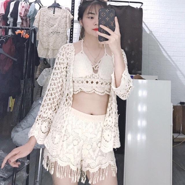 09- Set ren bikini đi biển quần tua rua 3 món