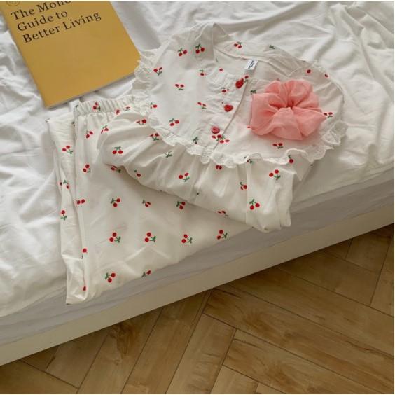 Set đồ ngủ thiết kế kiểu vintage, họa tiết in hình cherry nhí (Có 2 kiểu: set đầm &amp; set áo-quần) S018