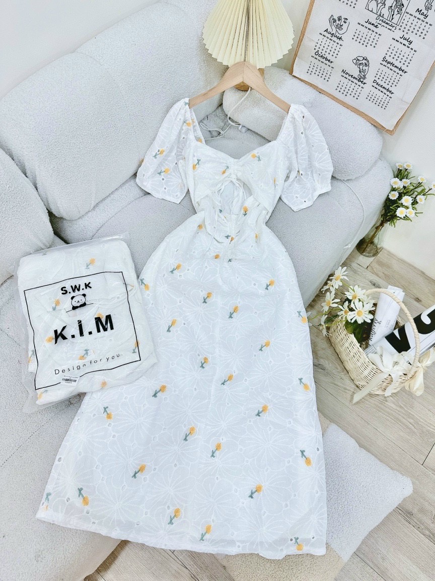 ĐẦN DÀI SUÔNG ÔM BODY CỔ U TRƠN HOA FLORAL DÂY RÚT TAY NGẮN BỒNG MIDI DẠO PHỐ ĐI BIỂN ĐI TIỆC