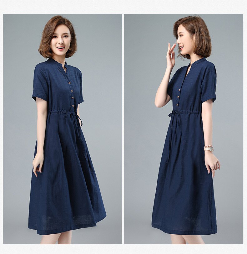 Đầm Linen công sở, Váy midi nữ cổ V ngắn tay chất linen mềm Đũi Việt