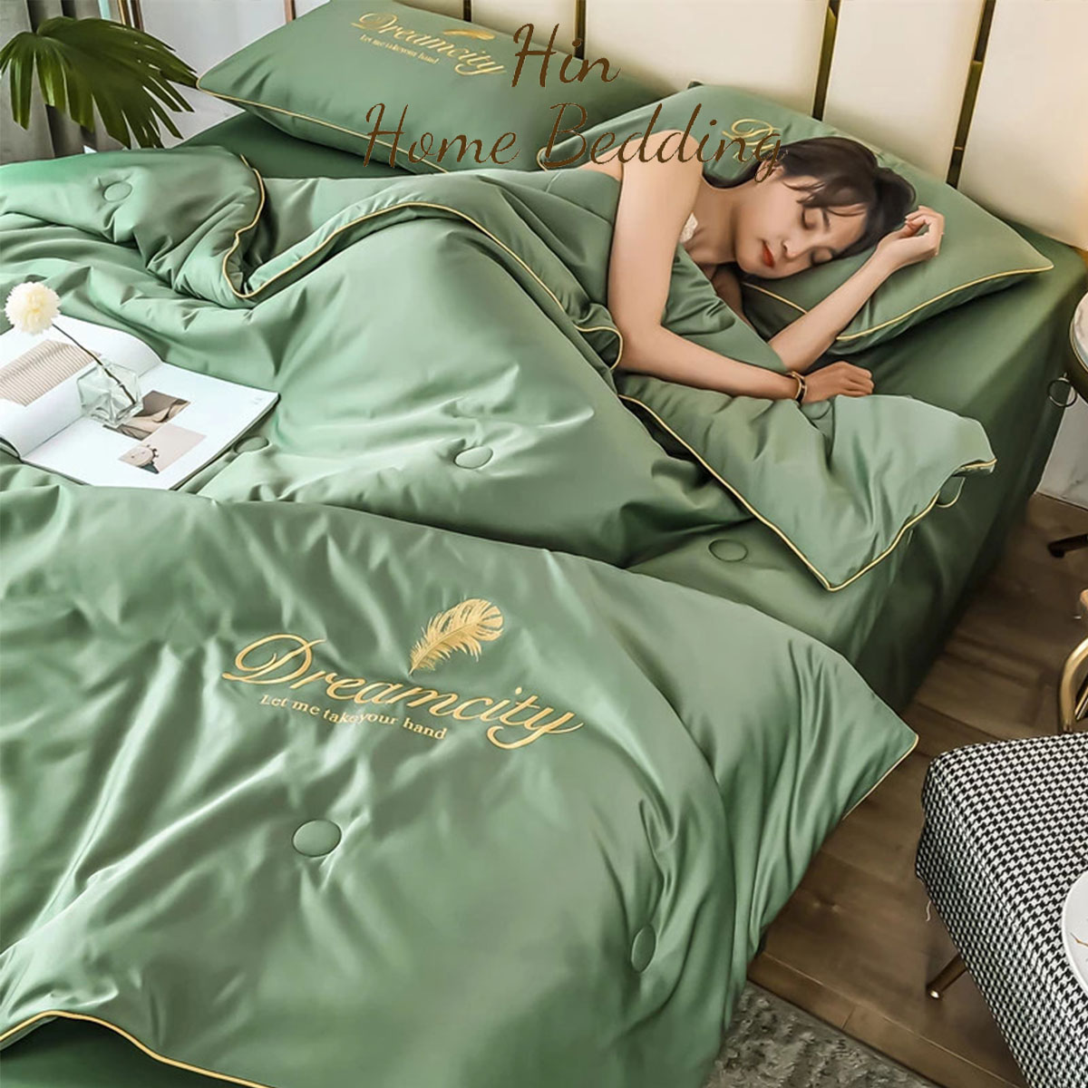 Bộ Chăn Ga Gối Đệm 5 Món Lụa Dream City Set Chăn Ga Drap Trải Giường Chăn Chần Bông Đẹp Hin Home Bedding Xanh Lá Mạ