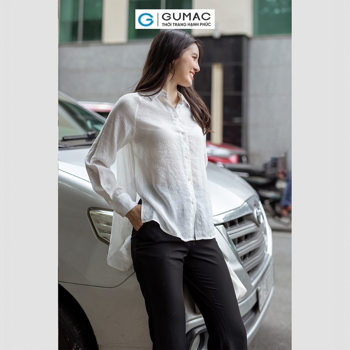 Áo sơ mi nữ tay dài tà lệch vải tơ mềm mát thời trang GUMAC AD06045