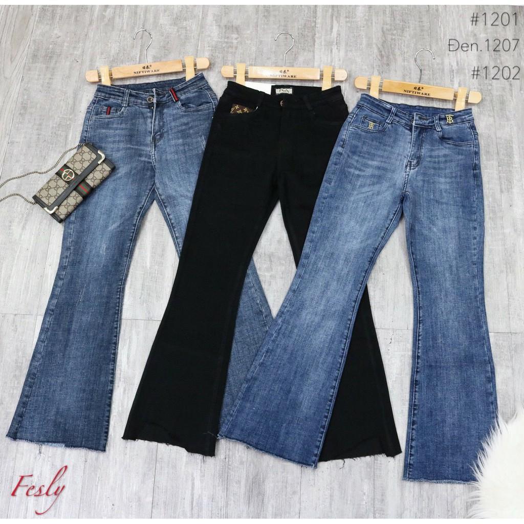 Quần Jeans Nữ Ống Loe Đen Trơn Tua Gấu
