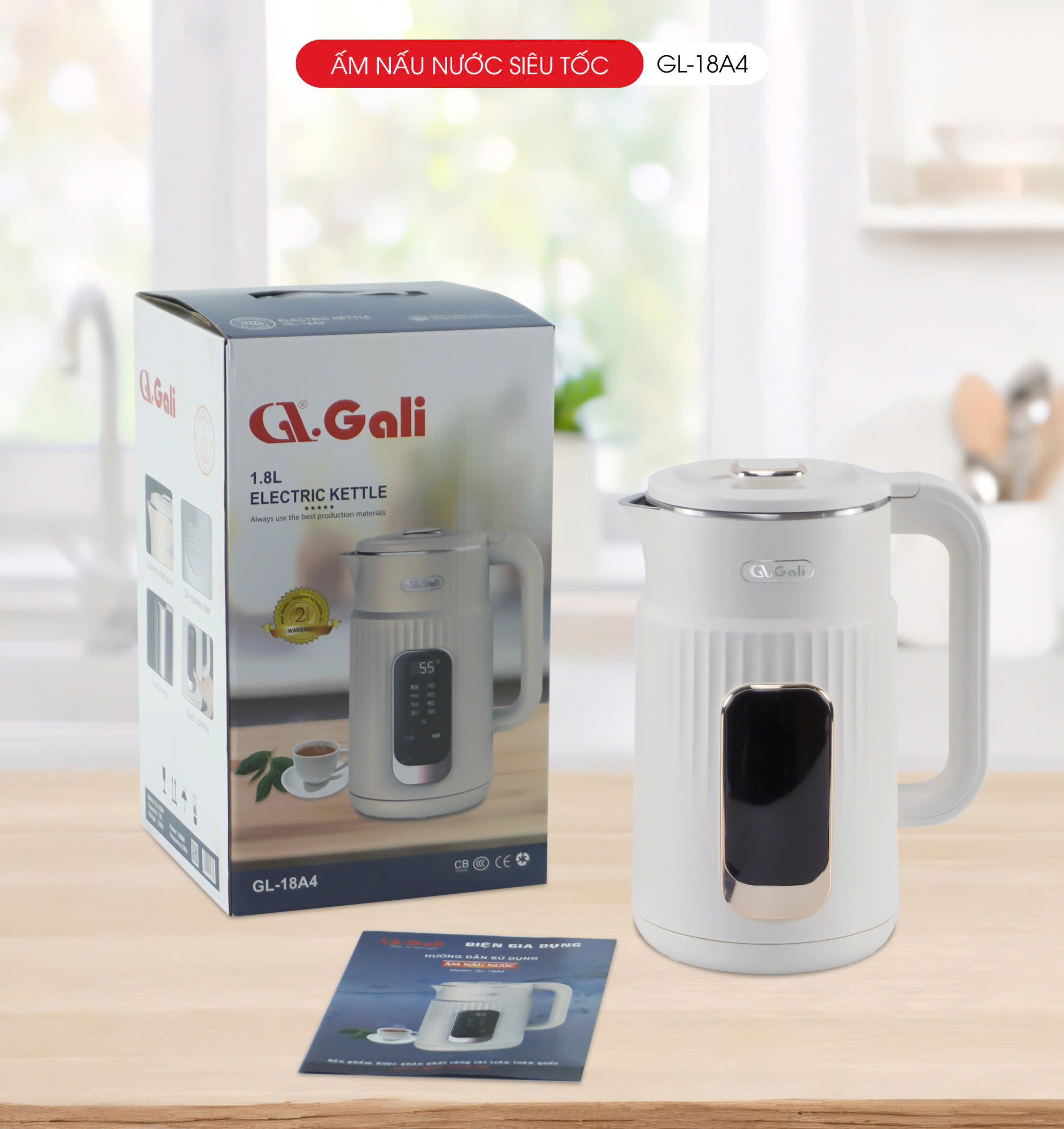 Ấm siêu tốc Gali GL-18A4 2 lớp INOX 304 nguyên khối màn hình hiển thị độ giữ ấm. Hàng chính hãng, bảo hành 24 tháng