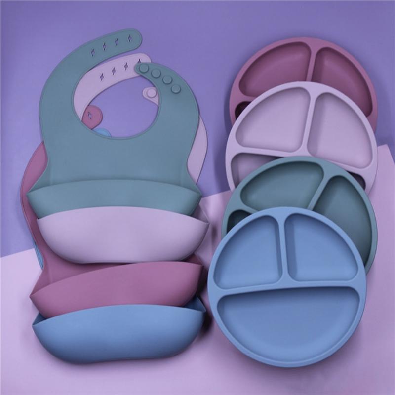 4 Không Chứa BPA Silicone Cho Bé Bộ Đồ Ăn Yếm Chống Thấm Màu Đĩa Dùng Tiệc Hút Bát Thìa Ăn Cho Trẻ Em