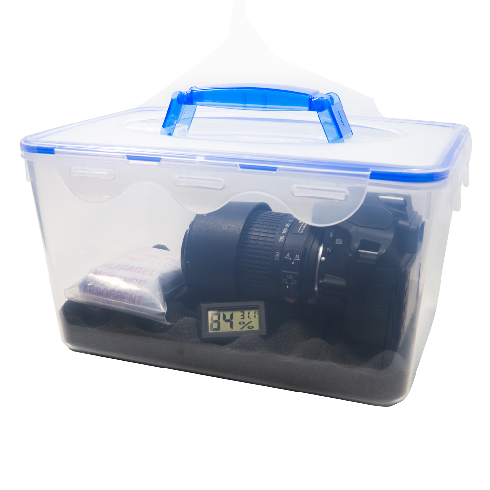 Combo hộp chống ẩm có tay cầm và ẩm kế, 100gram hạt hút ẩm xanh cho máy ảnh, máy quay phim - dung tích 7.7 lít (tặng mút xốp lót hộp)