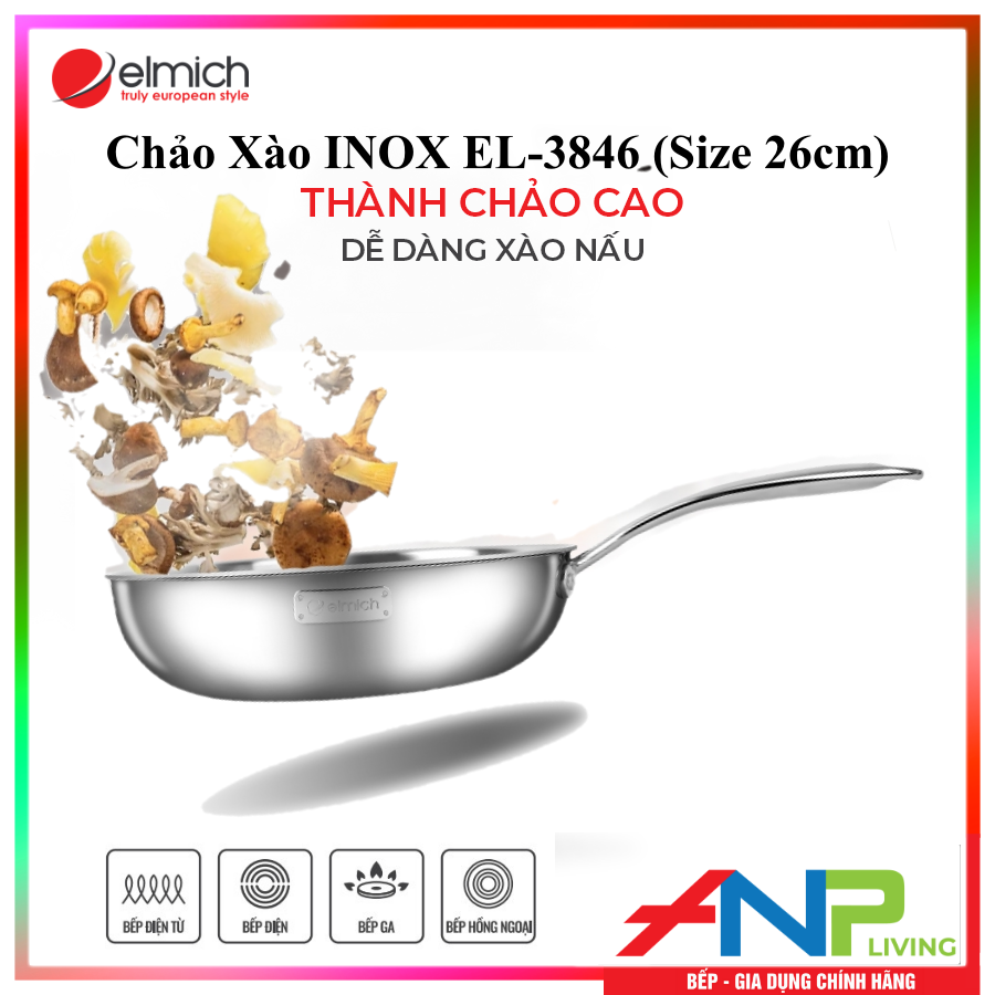 Chảo Xào Sâu Lòng 3 Lớp inox 304 Liền Đáy ELMICH TRI-MAX (EL-3796/26cm, EL-3845/24cm - Dùng Được Trên Mọi Loại Bếp) - Hàng Chính Hãng