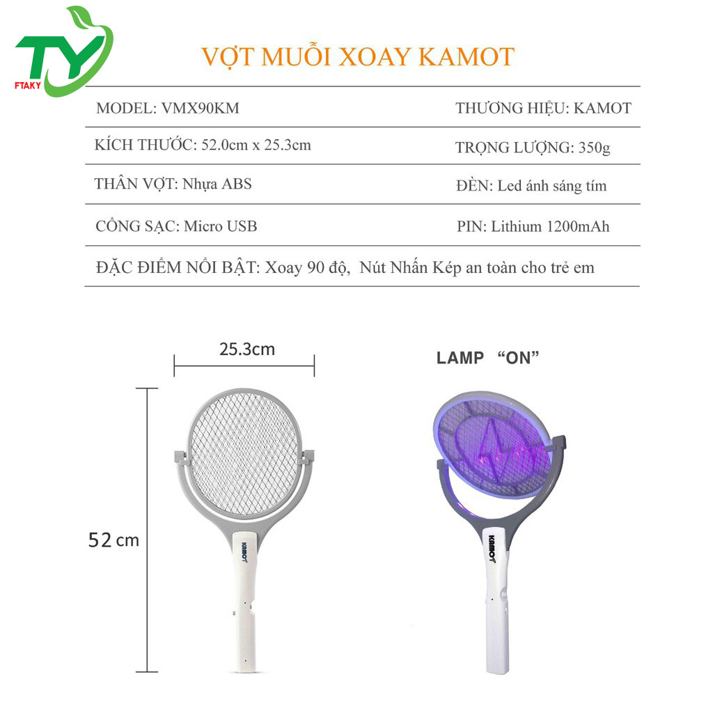 Vợt Muỗi Xoay KAMOT Chính Hãng, Vợt Diệt Muỗi Thông Minh xoay 90 độ 2 In 1 Kiêm Đèn Bắt Muỗi Tự Động Ban Đêm