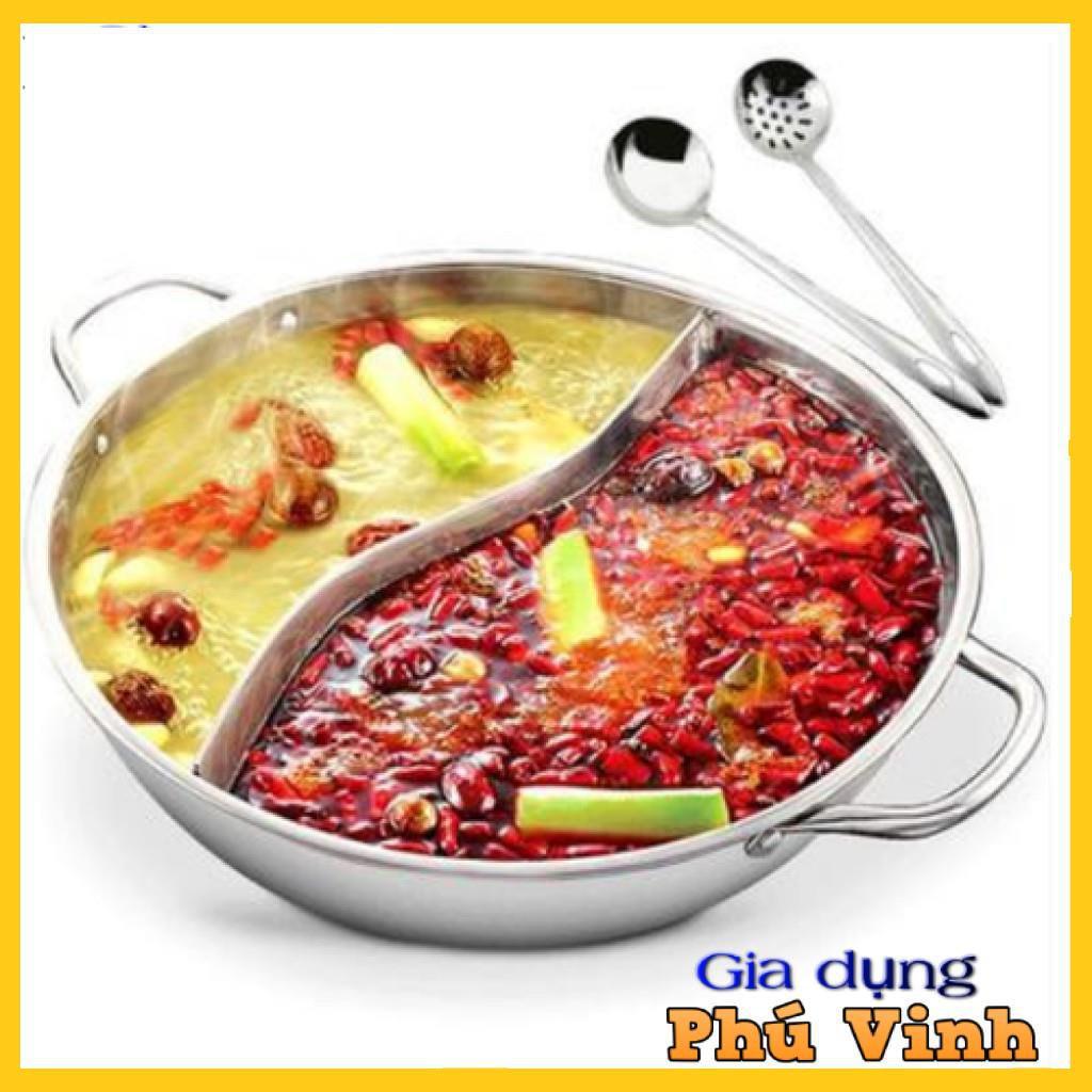 Nồi lẩu 2 ngăn Hotpot 32cm, nấu được bếp từ, có nắp kính (ảnh thật)