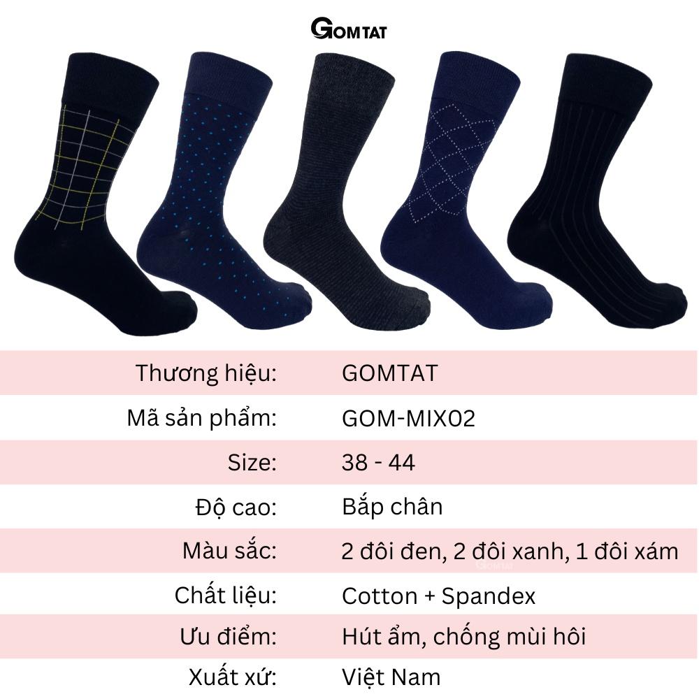 Hộp 5 đôi tất vớ nam đi giày tây công sở cổ cao, mẫu MIX02, chất liệu cotton cao cấp thoáng khí - GOM-MIX02-CB5